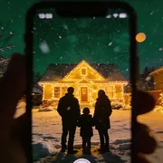 Семейное фото на фоне украшенного дома